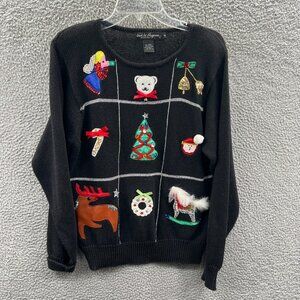 Work In Progress 90s Ugly Christmas Sweater Medium Black Applique Beaded Holiday